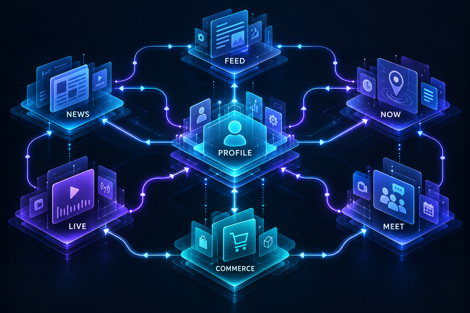 PROFILE을 중심으로 FEED, NEWS, NOW, LIVE, MEET, COMMERCE가 연결되는 브랜드 플랫폼